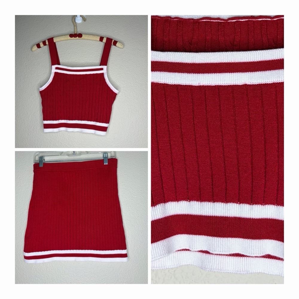 Freshman 1996 Red White 2Pc Knit Skirt Set M Cable Knit Preppy Varsity Coquette
